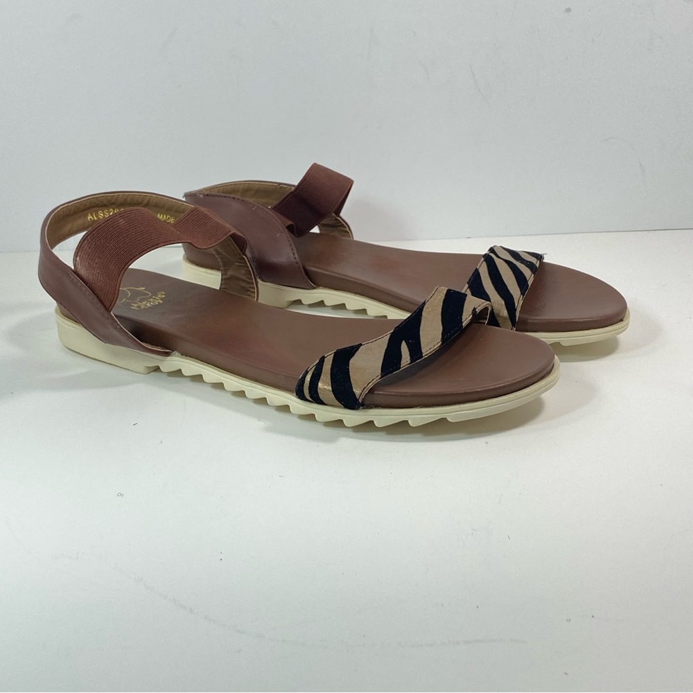 Alexis Leroy Women 9.5 10 EU 40 Sandals Animal Print Brown Flat Casual ALSS 295